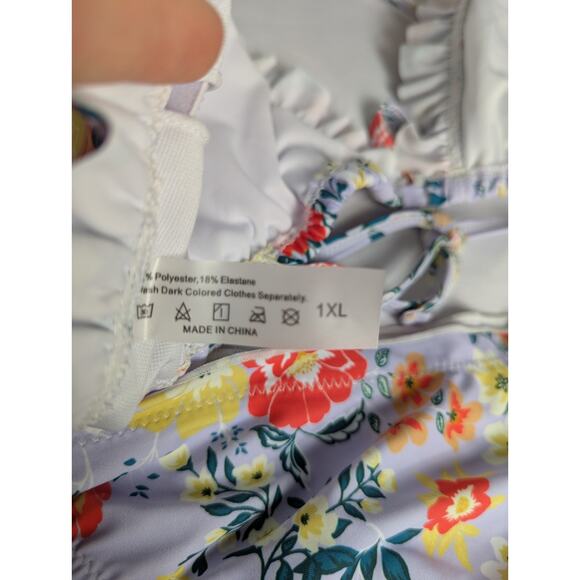 New Plus Size Bikini 2 pc Swim Wear Purple Ruffle Floral High Waist String 1X XL - Picture 6 of 7